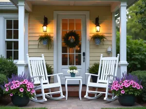 Cottage Style Rocking Chair Arrangement - Charming cottage-style front patio with white wooden rocking chairs, vintage side tables, and abundant flowering containers with purple lavender and pink petunias, warm evening light, cozy atmosphere