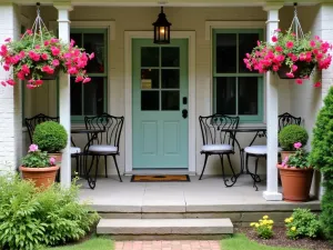 Cottage Style Front Patio with Hanging Baskets - A charming cottage-style front patio with multiple hanging baskets filled with cascading petunias and fuchsias, vintage-style metal furniture, and whitewashed brick walls