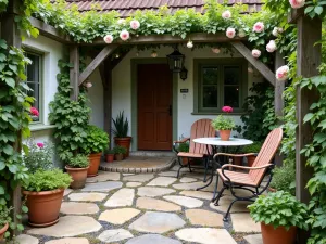 Country Cottage Stone Patio - A rustic cottage front patio with irregular flagstone flooring, climbing roses on wooden trellises, vintage metal furniture, and herb gardens in terra cotta pots