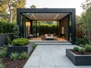 Cube Garden Room - Modernist cube-shaped outdoor room with glass walls, minimal furniture, and geometric plantings in raised steel planters