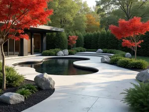 Curved Concrete Patio with Water Feature - An elegant curved concrete patio with a modern water feature, surrounded by Japanese maples and natural stone accents, photorealistic style