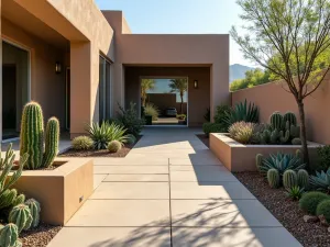 Desert Modern Concrete Patio - A southwestern-inspired concrete patio with integrated concrete planters filled with various cacti and desert plants, photorealistic style