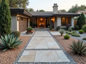 Desert Modern Front Patio - A contemporary front yard patio featuring geometric concrete pavers, surrounded by drought-resistant landscaping with succulents, agave plants, and decorative gravel