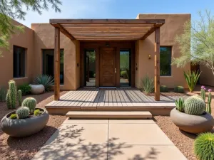 Desert Modern Ranch Entry - Southwest-inspired front patio with weathered wood decking, geometric shade structure, desert landscaping, and metal planters with cacti and desert plants