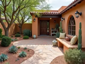 Desert Oasis Entry Patio - Southwestern small front patio with flagstone pavers, built-in adobe bench, decorative pottery, and drought-resistant succulents and cacti, desert landscape