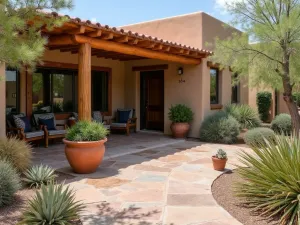 Desert Oasis Entry - A southwestern-style front patio with a natural wood ramada providing shade, decorated with desert-adapted plants in ceramic pots, featuring weathered flagstone flooring