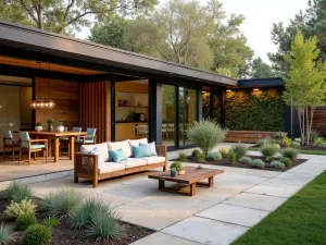 Eco-Friendly Green Patio - Sustainable ranch patio design with recycled materials, living wall elements, native plantings, and reclaimed wood furniture, natural lighting