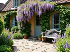 English Country Front Patio - A romantic English country front patio with natural stone pavers, climbing wisteria, mixed cottage perennials, and an antique wooden bench