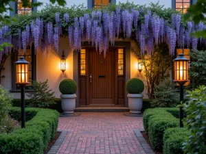 English Garden Bollards - Traditional English garden style front patio with classic copper bollard lights, climbing wisteria, brick pathways, evening ambiance