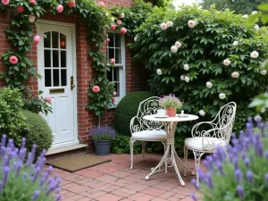 English Garden Entry Patio - Romantic small front patio with reclaimed brick, wrought iron gate, climbing roses, lavender borders, and vintage tea table with chairs