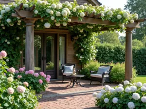 English Garden Entry - A romantic English garden-style front patio with wooden pergola covered in climbing hydrangea and ivy, featuring classic iron furniture and brick pathways