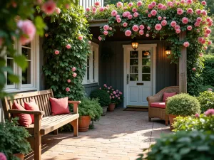 English Garden Sitting Area - Traditional front patio with wooden garden bench, classic wicker chairs, and climbing roses on trellis, soft natural lighting, romantic atmosphere