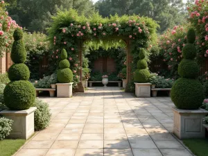 European-Inspired Concrete Patio - An elegant concrete patio with antiqued finish, featuring classic topiaries in limestone planters and climbing roses on trellises, photorealistic style