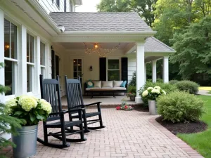 Farmhouse Ranch Porch - Charming farmhouse-style ranch patio with whitewashed brick, black rocking chairs, galvanized metal planters with hydrangeas, and vintage string lights