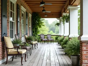 Farmhouse Wrap-Around Patio - A charming rustic wrap-around front patio with distressed wooden flooring, white-washed brick columns, vintage metal chairs, and hanging ferns in galvanized buckets