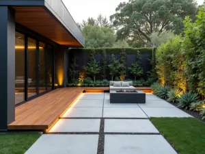 Floating Bench Design - Minimalist front patio with floating wooden bench, oversized concrete pavers, and vertical garden wall with integrated lighting