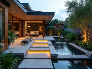 Floating Steps Water Feature - Modern front patio with floating steps over a shallow water feature, LED strip lighting, and minimal tropical plantings