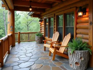 Forest Cabin Patio - A rustic forest cabin front patio with pine log railings, natural slate flooring, wooden Adirondack chairs, and woodland plants in birch bark planters