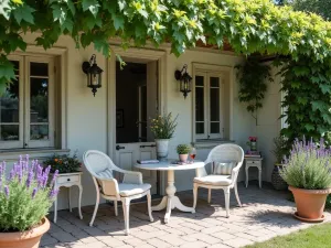 French Country Front Patio - A romantic French country front patio with weathered bistro furniture, lavender pots, climbing vines, and vintage-inspired accessories