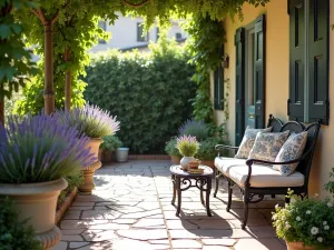 French Country Sitting Area - Elegant front patio with wrought iron furniture, toile cushions, and lavender-filled stone urns, morning light with provincial charm