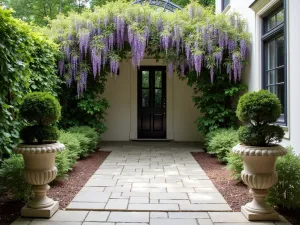 French Country Welcome Patio - Elegant small front patio with limestone pavers, antique garden urns, topiaries, and climbing wisteria on wrought iron trellis