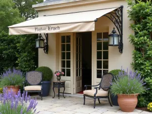 French Country Welcome - A charming French country-style front patio with wrought-iron and canvas awning, limestone pavers, and vintage metal furniture surrounded by lavender planters