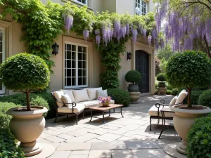 French Provincial Courtyard - An elegant French-inspired front patio with limestone pavers, wrought iron furniture, classic topiaries in limestone pots, and climbing wisteria