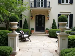 French Provincial Front Patio - An elegant French provincial front patio with limestone pavers, featuring classic urns with boxwood topiaries, and vintage-inspired metal furniture