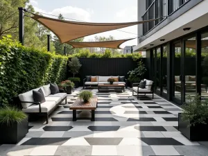 Geometric Tile Pattern - Bold geometric tile patio with modern metal furniture, statement planters, and architectural shade sails in charcoal and white