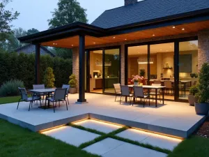 Glass Panel Wind Break Patio - Contemporary front patio with frameless glass wind barriers, sleek metal furniture, built-in LED lighting, and large rectangular concrete pavers with grass joints