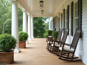 Historic Colonial Rustic Patio - A colonial-style front patio with wide plank wooden flooring, whitewashed columns, antique rocking chairs, and boxwood in vintage wooden boxes