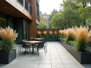 Industrial Chic Concrete Patio - An urban-style concrete patio with steel planters, featuring tall ornamental grasses and modern metal furniture, photorealistic style