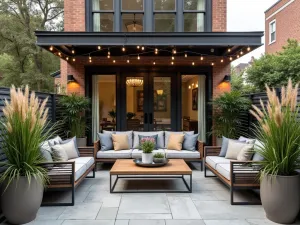 Industrial Chic Front Patio - An urban industrial-style front patio with metal and wood furniture, string lights, and tall grasses in metallic planters