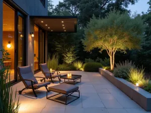 Industrial Chic Conversation Area - Urban front patio with metal and leather sling chairs, concrete side tables, and steel planters with architectural succulents, dramatic evening lighting