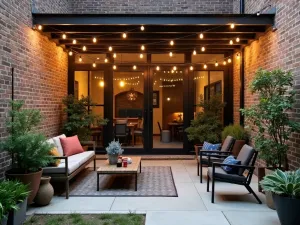 Industrial Edison Bulb Array - Industrial style front patio with exposed Edison bulb installation, metal furniture, concrete floors, urban plant containers