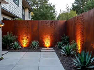 Industrial Metal Screen Design - Perforated Corten steel privacy screens with geometric patterns. Modern concrete patio with succulent garden beds and LED lighting