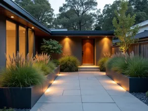 Industrial Modern Entry Patio - Urban small front patio with polished concrete, steel planters, architectural grasses, and minimalist LED lighting, industrial design