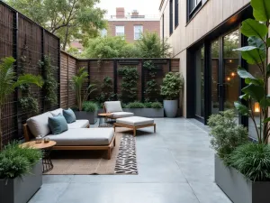 Industrial Modern Front Patio - An urban industrial front patio with polished concrete, metal grid privacy screens, modern lounge furniture, and structural plants in concrete planters