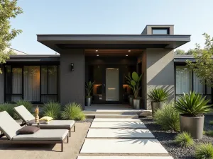 Industrial Modern Patio - Contemporary ranch entrance with steel and concrete elements, metal mesh screens, modern lounge chairs, and architectural plants in metal containers