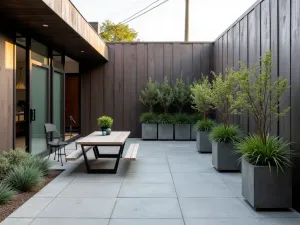 Industrial Steel Elements - Industrial-modern front patio with weathered steel panels, concrete floors, and minimal plantings in contemporary metal containers