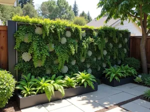 Living Green Wall Privacy Screen - Vertical garden wall system creating privacy for front patio. Mix of ferns, succulents, and trailing plants in modular panels with integrated irrigation