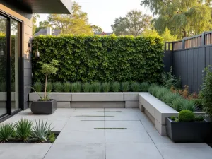 Living Wall Entry Patio - Contemporary front patio featuring a dramatic living wall, built-in concrete benches, and minimalist steel planters with architectural plants