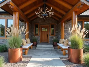 Log Cabin Entry Patio - A rustic log cabin entrance patio with split-log benches, river rock flooring, antler chandelier, and native grasses in copper planters