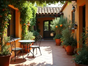 Mediterranean Bistro Setting - Intimate Mediterranean-style front patio with wrought iron bistro set, terracotta pots filled with rosemary and citrus trees, warm terracotta tiles, afternoon sunlight