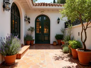 Mediterranean Courtyard Entry - A charming Mediterranean-style front patio with terracotta tiles, whitewashed walls, ornate iron gates, and large terracotta pots filled with citrus trees and lavender, warm afternoon light