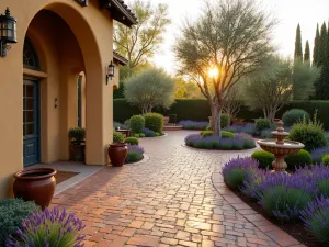 Mediterranean Courtyard Front Patio - A welcoming front yard Mediterranean-style patio with terracotta pavers, featuring lavender borders, olive trees in large ceramic pots, and a small ornate fountain, photographed during golden hour