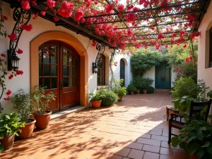 Mediterranean Entry Patio - A charming Mediterranean-style front patio with a terracotta-tiled floor, white stucco walls, and an elegant wrought-iron shade structure covered in flowering bougainvillea, warm afternoon lighting