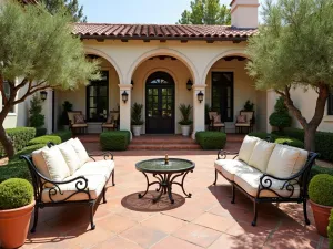 Mediterranean Front Courtyard - An elegant Mediterranean-style front patio courtyard with terracotta tiles, a small bubbling fountain, potted olive trees, and wrought iron furniture with cream cushions