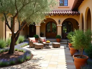 Mediterranean Front Patio with Terracotta - A sun-drenched Mediterranean-style front patio with terracotta pots, olive trees, lavender borders, and wrought iron furniture on natural stone flooring