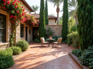 Mediterranean Style Privacy Garden - Terra cotta tiled front patio enclosed by tall cypress trees and Mediterranean fan palms. Wrought iron furniture and climbing bougainvillea on stucco walls